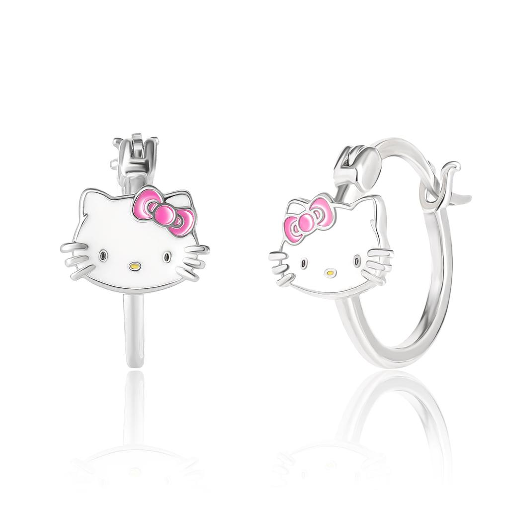 Hello Kitty Sanrio Hello Kitty Hoop Earrings Sterling Silver and Enamel Hello Kitty Earrings Officially Sterling No Gemstones Women's - Licensed,