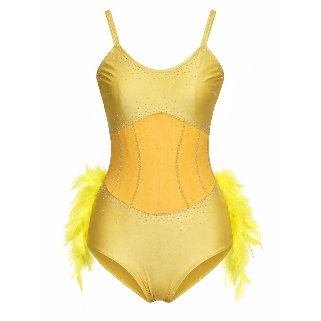 Womens Latin Dance Leotard Fuzzy Feather Skirt