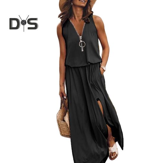 Женское летнее длинное платье без рукавов, повседневное платье макси с застежкой-молнией спереди, V-образным вырезом, карманом, плиссированным разрезом, платье миди