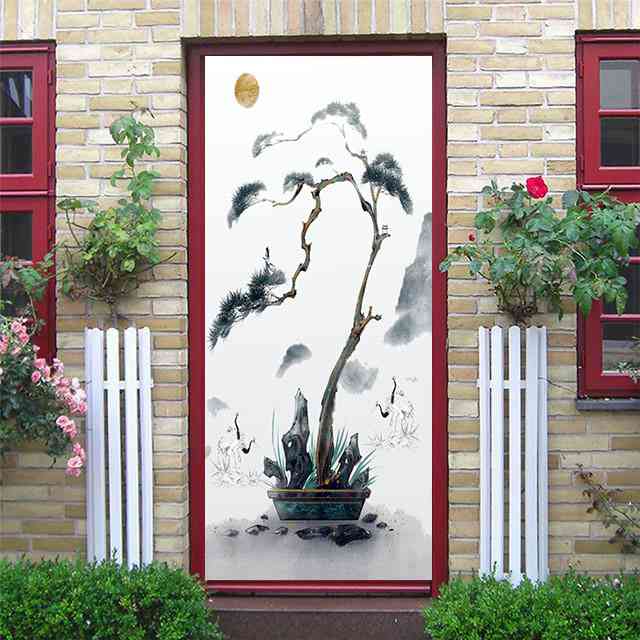 Картина маслом, наклейки на дверь, цветок, простые абстрактные линии, бамбуковые обои на холодильник для гостиной, домашний декор, художественная наклейка для спальни