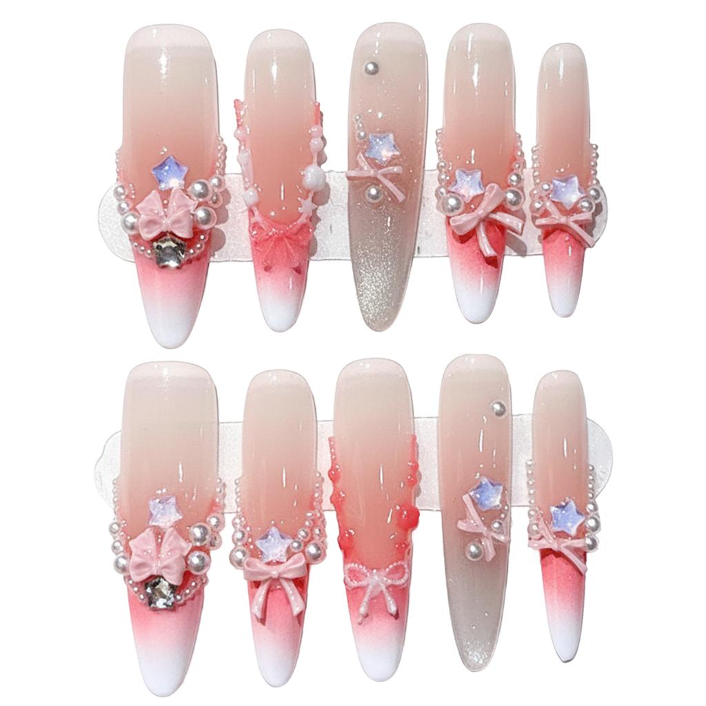 10pcs Artificial Nails Star Milk Candy Style Elegant Low Saturation Tones with Shimmer Design for Daily Wear and Parties