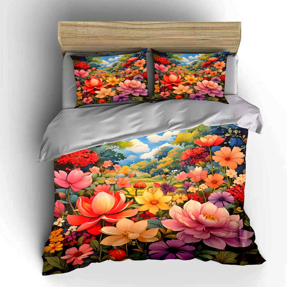 Colorful Floral Print Set Decor Soft Skin-Friendly Bedding Set Includes 1 Duvet Cover And 2 Pillowcase Gift
