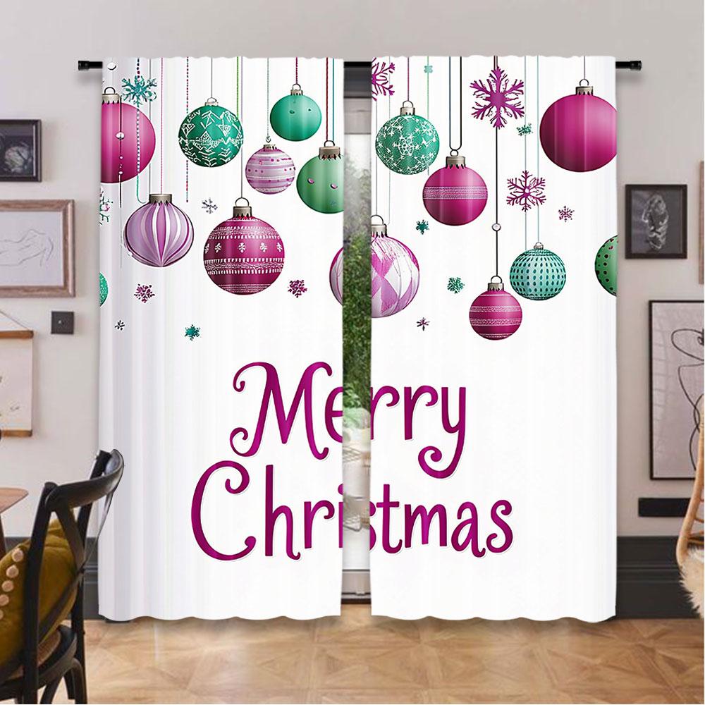 2Pcs Christmas Curtain Colorful Graphic Baubles Retro Snowflake Ornaments Celebration Suitable For Living Room Dining Room