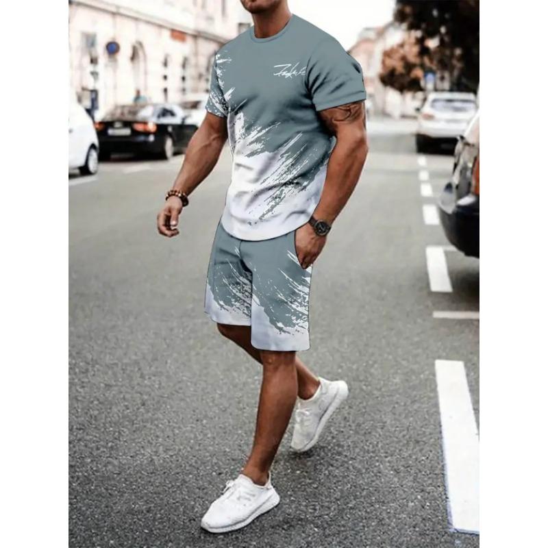 2025 Urban Street Trend Men's Suit Summer Casual Short Sleeve Shorts 2 Pieces Unique Geometric Print Outdoor Casual