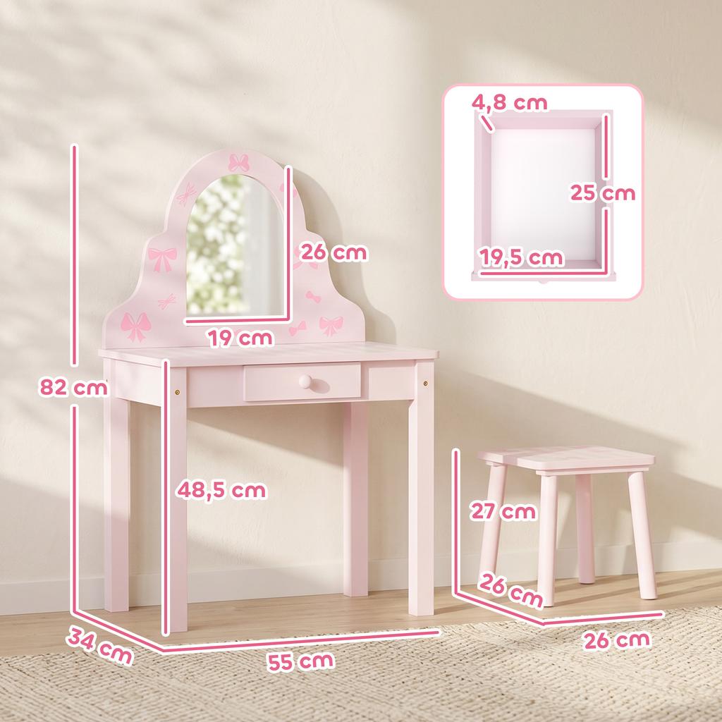 Kids Vanity Table Set 2 in 1 with Stool for Girls 3-6 Pink