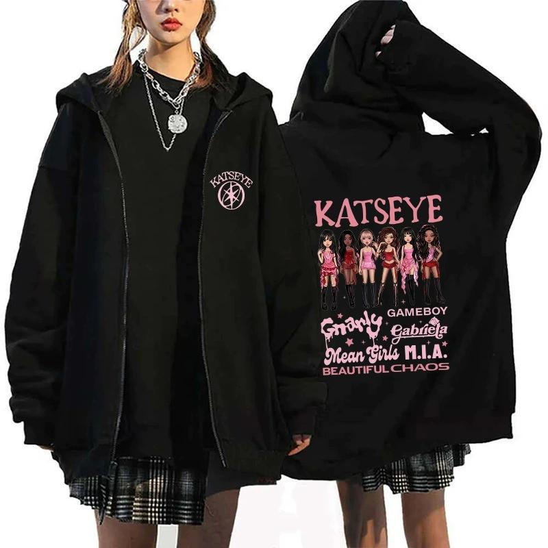 Katseye Bratz Doll Style Cartoon Zip Up Hoodie Beautiful Chaos Kpop Girl Group Fan Oversized Hooded Jacket