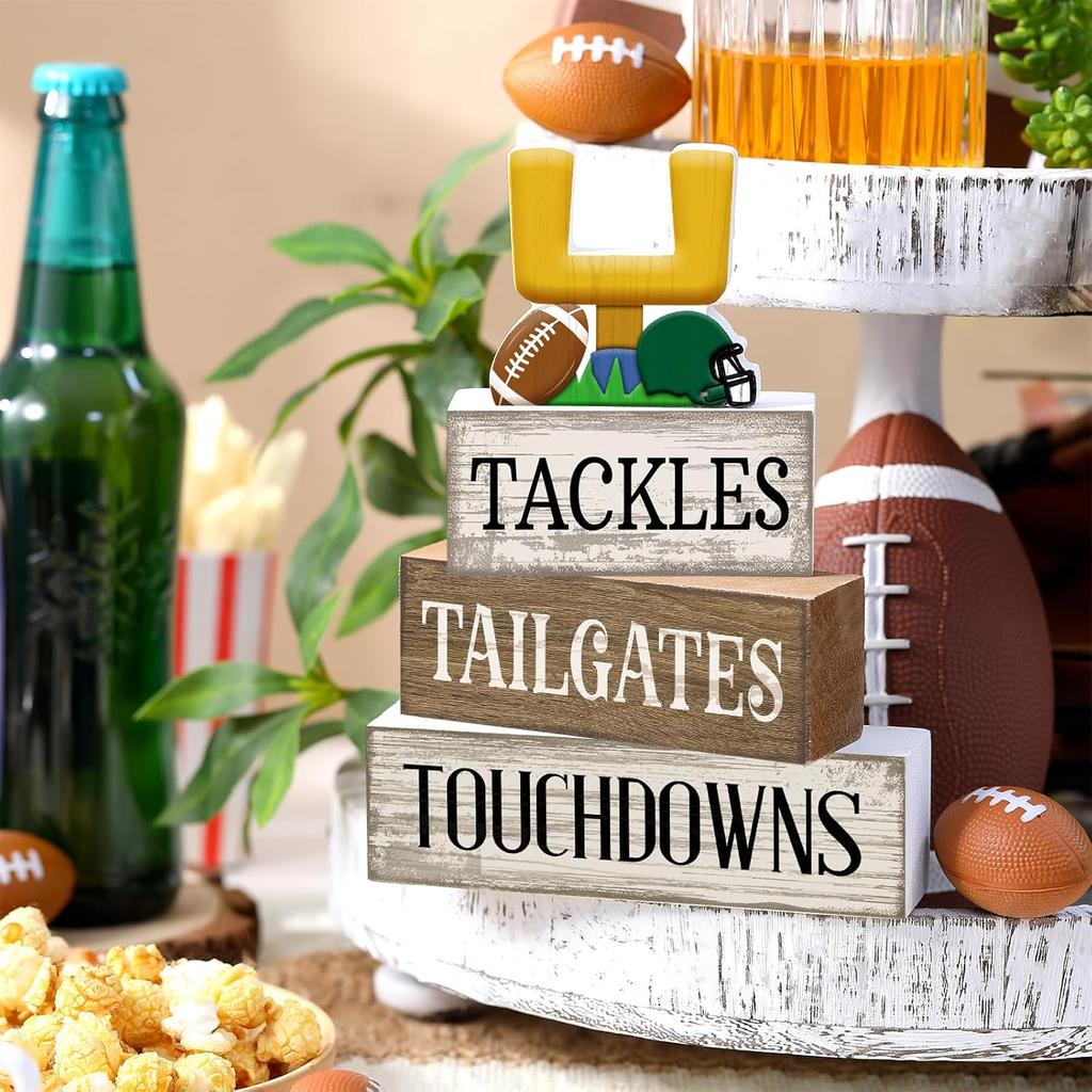 4Pcs Football Table Decorations Football Tiered Tray Decor Sport Game Centerpiece Sign Decorative Rugby Stack Block Gift for Fans Club Tailgate