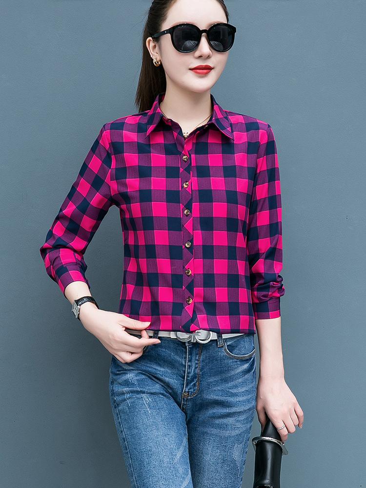 Клетчатая рубашка для женщин, сто женщин, топы, свободная ретро рубашка с длинным рукавом с гонконгским вкусом