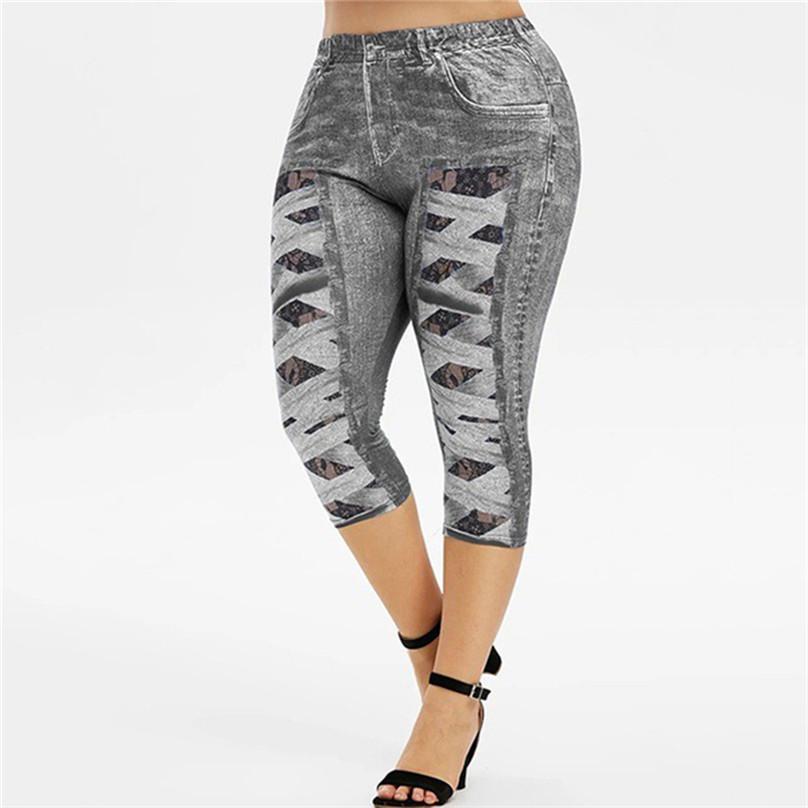 European and American Large Print Denim Pocket Sexy Women's Lace Leggings Yoga Pants