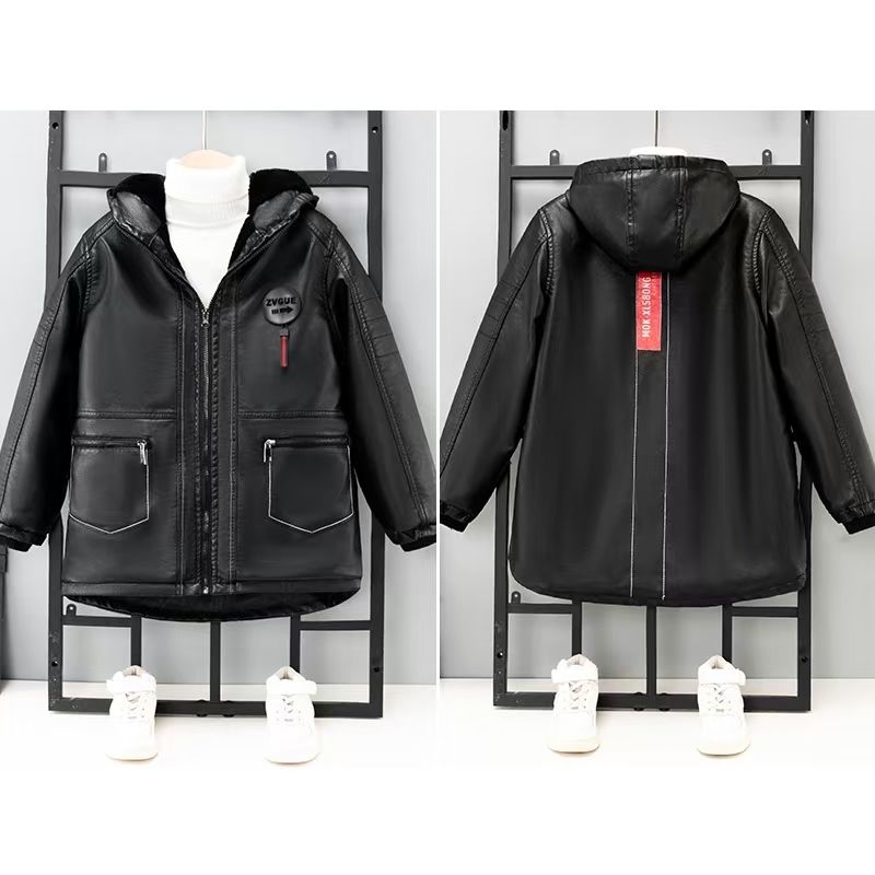 Boys' Casual Fleece-Lined Leather Jacket for Fall/Winter—Children's Mid-Length Thickened Jacket