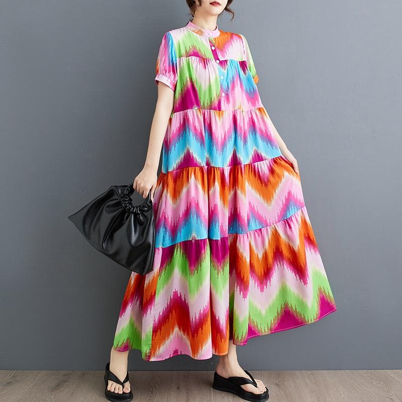 Новое винтажное платье с цветочным принтом больших размеров с коротким рукавом для женщин, повседневное свободное длинное летнее платье