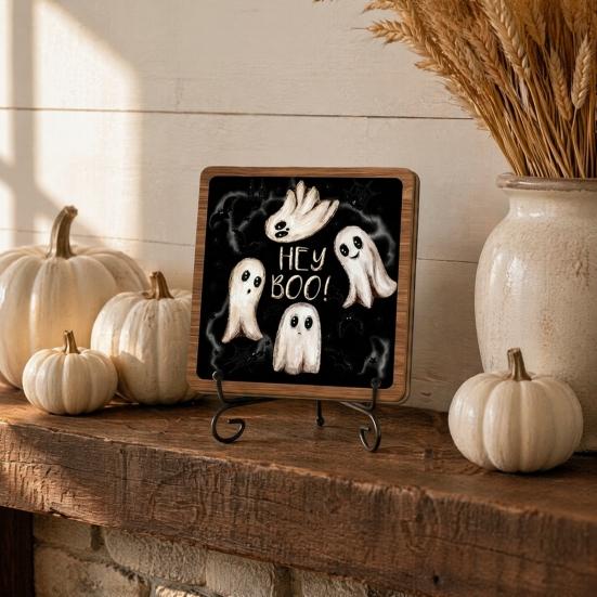 Bathroom Shelf Ornament Halloween Wooden Table Sign, Cute Ghost Boo Plaque Sign with Gift for Friends Metal Stand Indoor Desk Home Decor Holiday