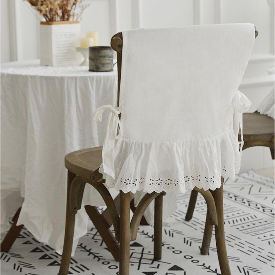 Elegant White Cotton Chair Back Cover Household Wedding Decoration Embroidered Flounced Hollow Out Lace Romance Chair Covers