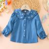 Рубашка из денима с длинным рукавом для девочек ясельного возраста, с оборками на воротнике и вышивкой, милый топ, детская одежда 2-6Т