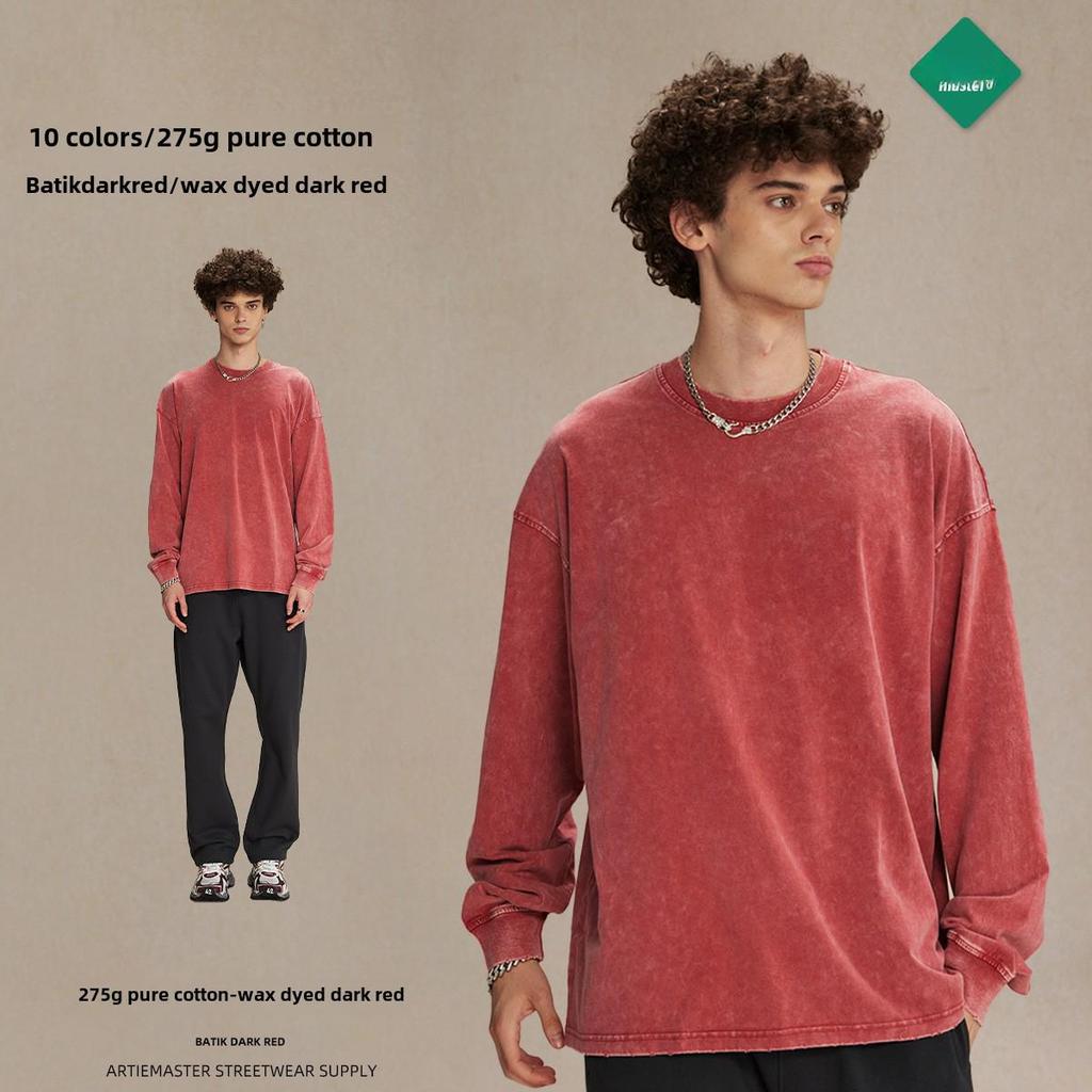 Футболка мужская с длинным рукавом в стиле ретро-батик 2024 года, плотность 275 г, круглый вырез, стиль унисекс