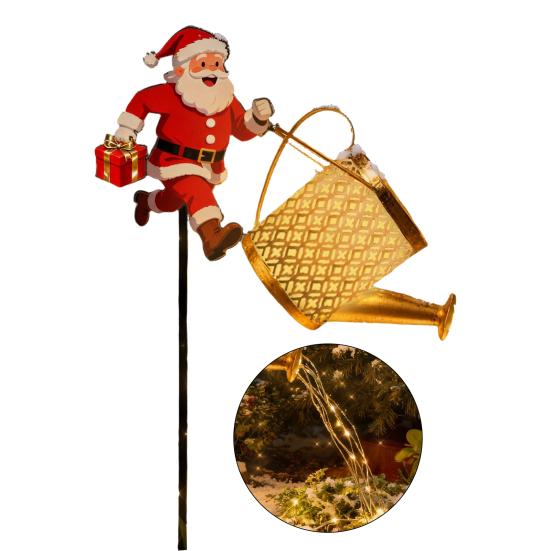 Christmas Santa Solar Kettle Lights Garden Lawn Decorative Lights Waterproof Watering Can String Light Metal Santa Claus Ground Lamp