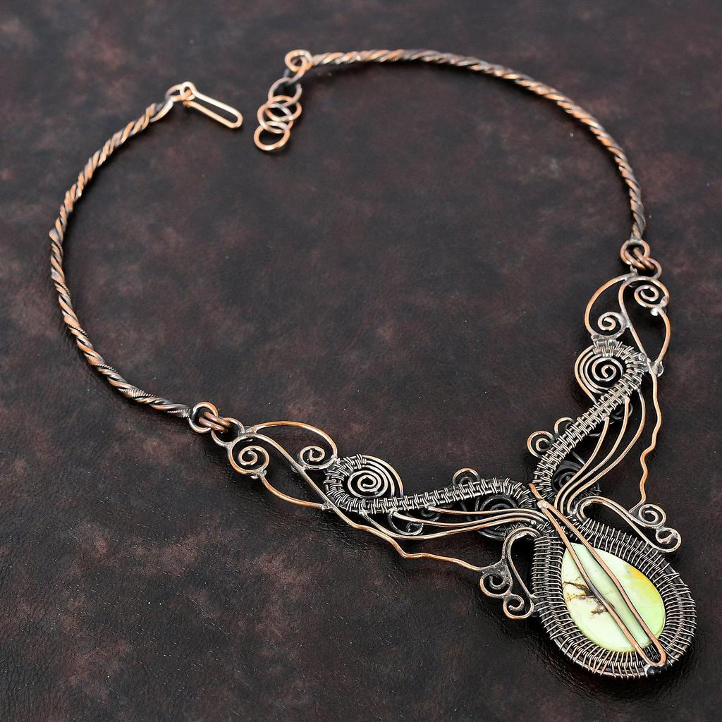 Ожерелье с лимонным хризопразом, ожерелье из медной проволоки, медные украшения ручной работы, регулируемое ожерелье, обертка из проволоки, ювелирные изделия из драгоценных камней, подарок для нее