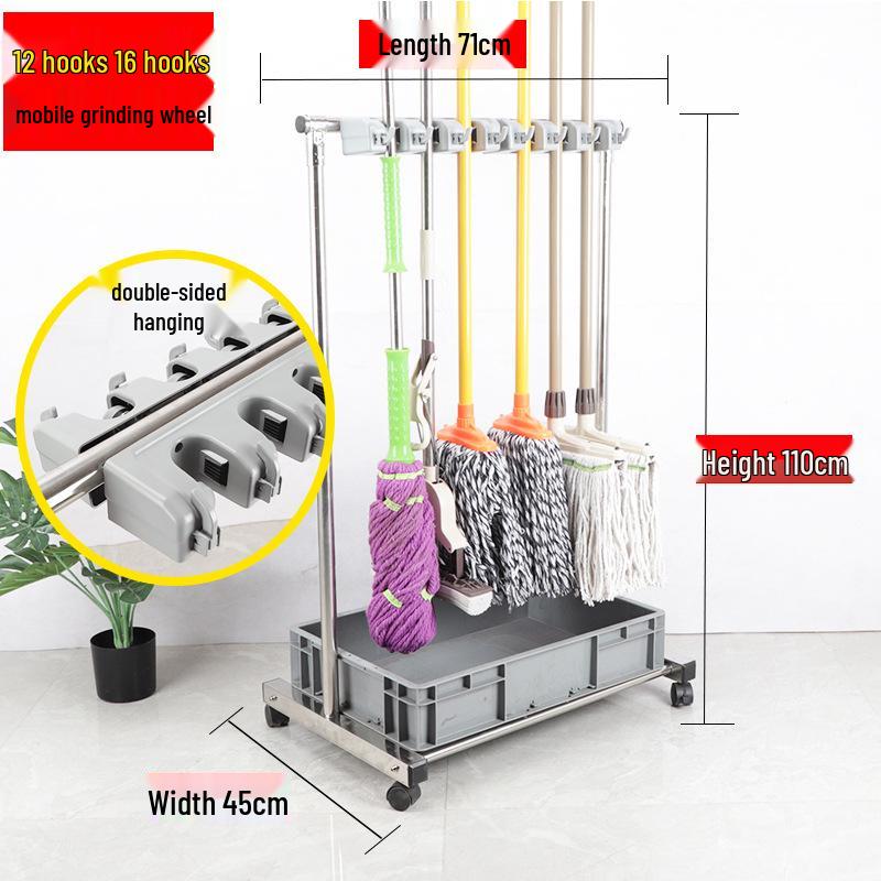 Stainless Steel Floor-standing Mop and Broom Rack with Balcony Storage