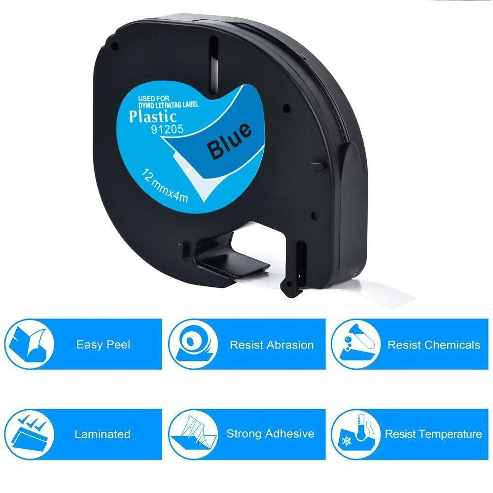 Yance 5Pcs/lot Compatible Dymo LetraTag Tape 91205 Black On Blue 12mm Plastic Tape for LT-100H LT-100T Dymo Label Printer