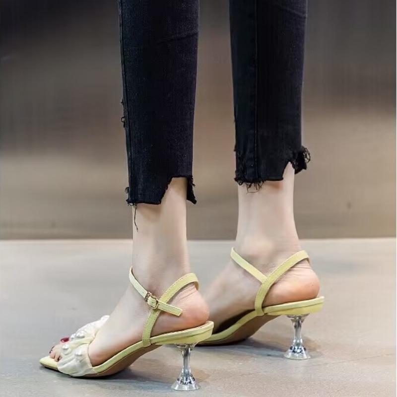 Модные летние новые туфли на высоком каблуке с квадратной головкой, женские туфли с сетчатым жемчугом и тонким каблуком, женские туфли с линией с сандалиями