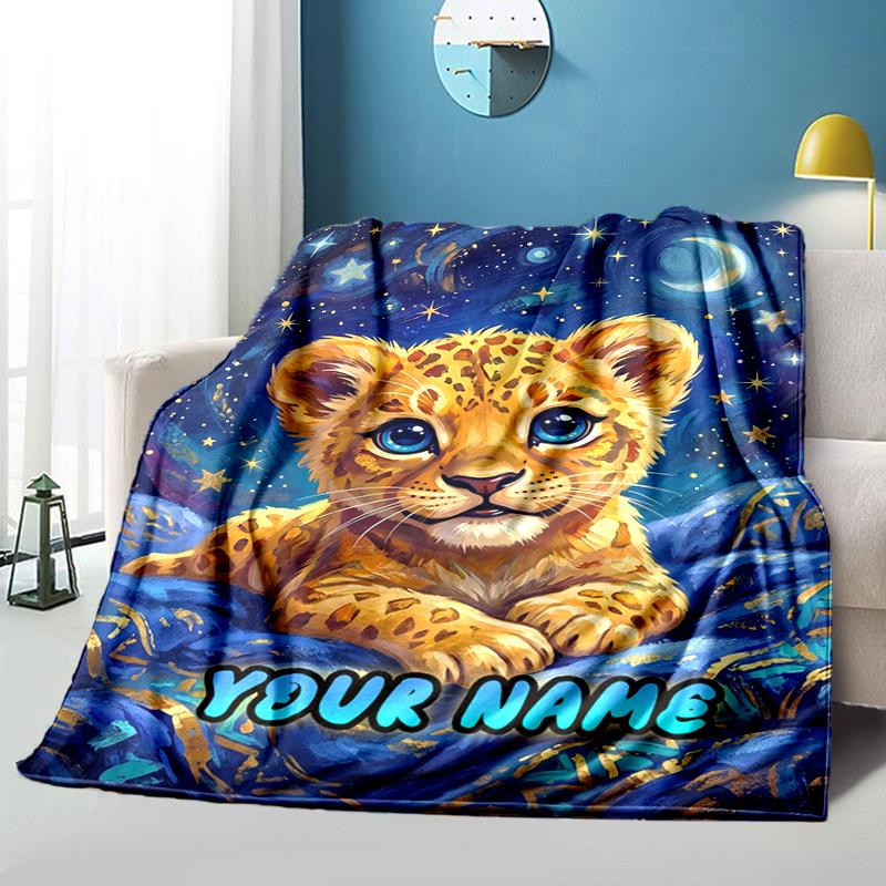 1PC Custom Name Lion Cub Starry Night blanket versatile,all-season throw suitable for the living room,bedroom,camping,travel,and gift