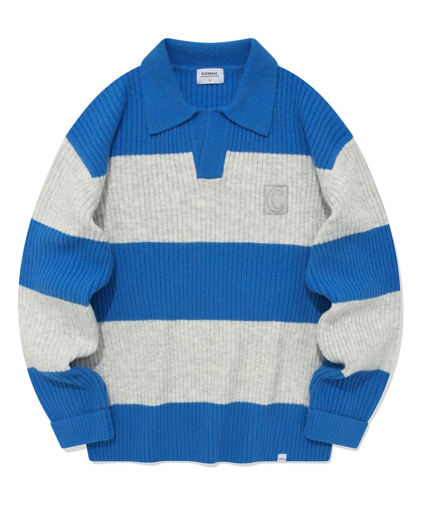 COVERNAT Color Block Stripe Collar Knit Blue