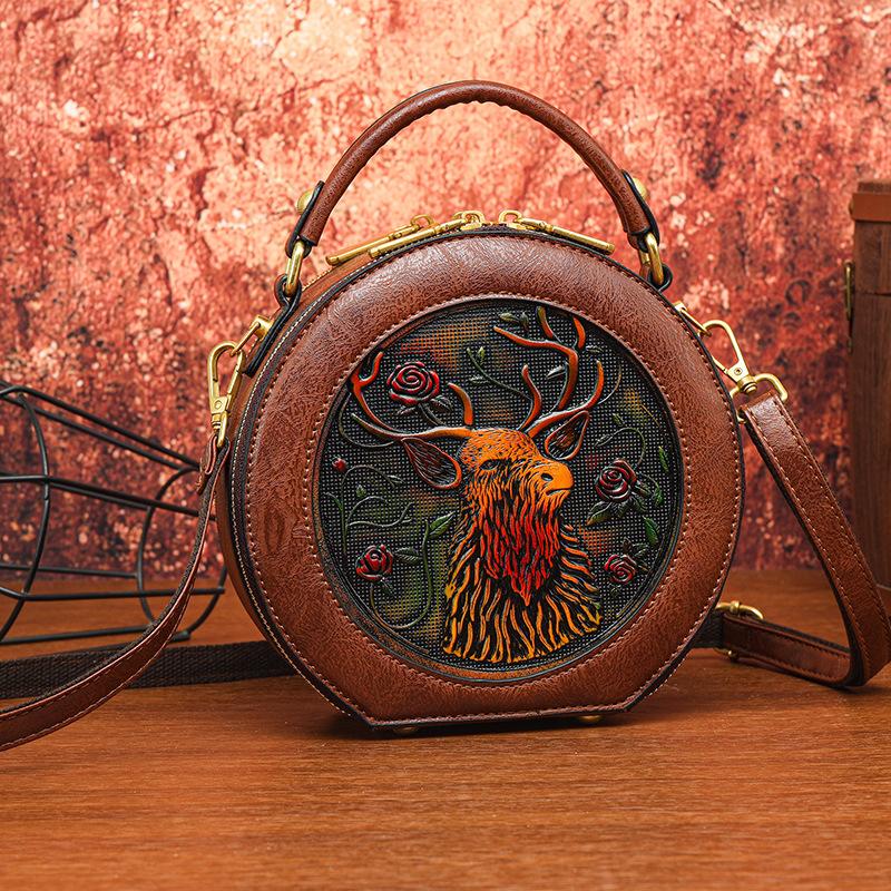 Этническая винтажная круглая сумка через плечо - женская сумка через плечо с резным цветком ручной работы, минималистичная текстура, сумка-тоут большой вместимости