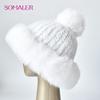 SOMALER Natural Mink Fur Hats for Women Winter Fox Fur Caps with Pompom Fashion Style Beanie for Ladies
