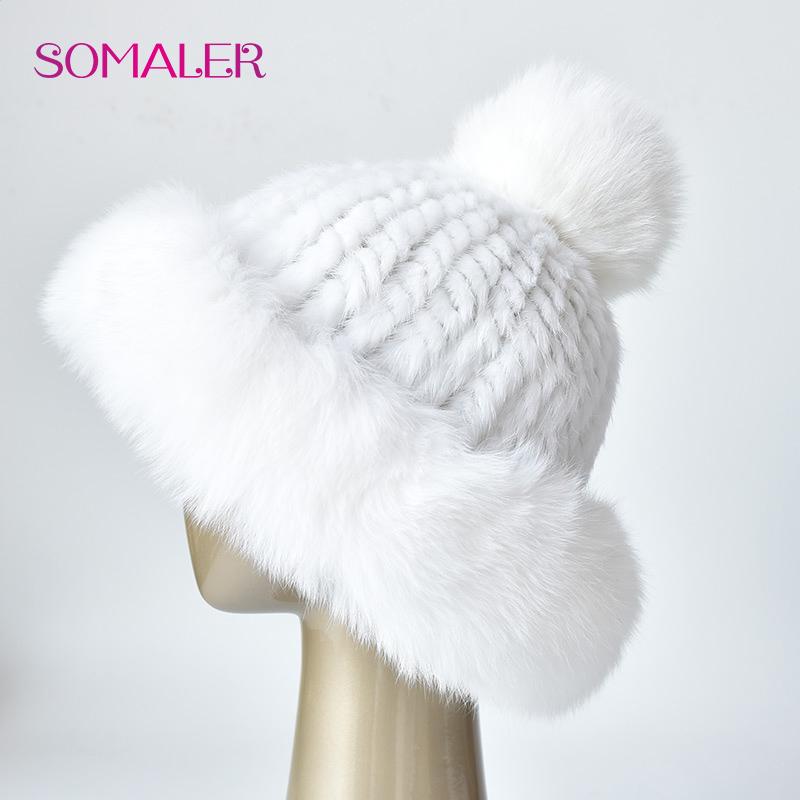 SOMALER Natural Mink Fur Hats for Women Winter Fox Fur Caps with Pompom Fashion Style Beanie for Ladies