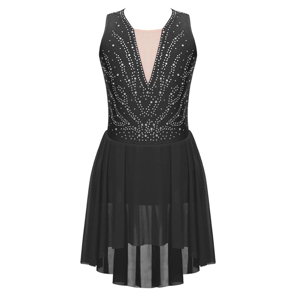 Kids Girls Rhinestone Figure Skating Ballet Lyrical Performance Dress Strappy Back Asymmetrical Hem Sleeveless Dance Dresses