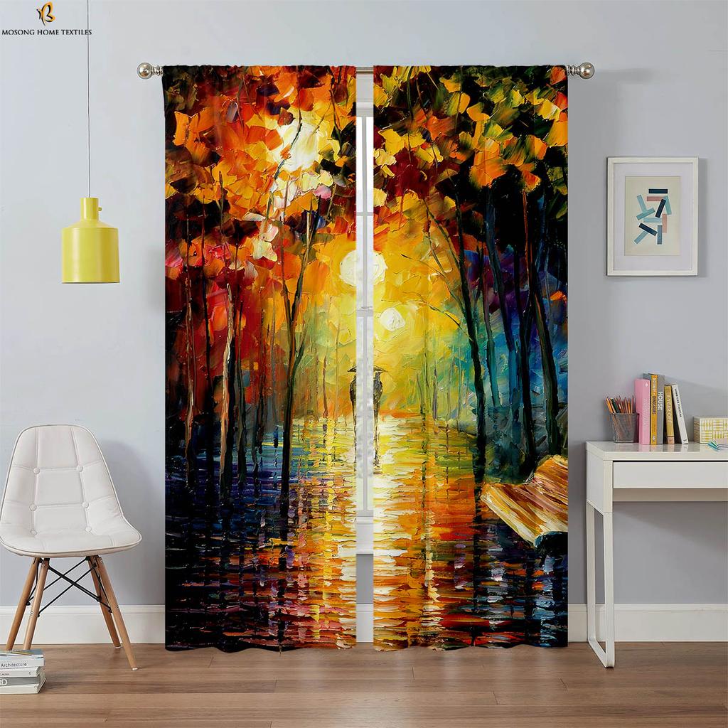2 шт. плотных штор, пейзаж, картина маслом, 3D-печать, шторы, высококачественные, черные, шелковые, винтажные, декоративные шторы