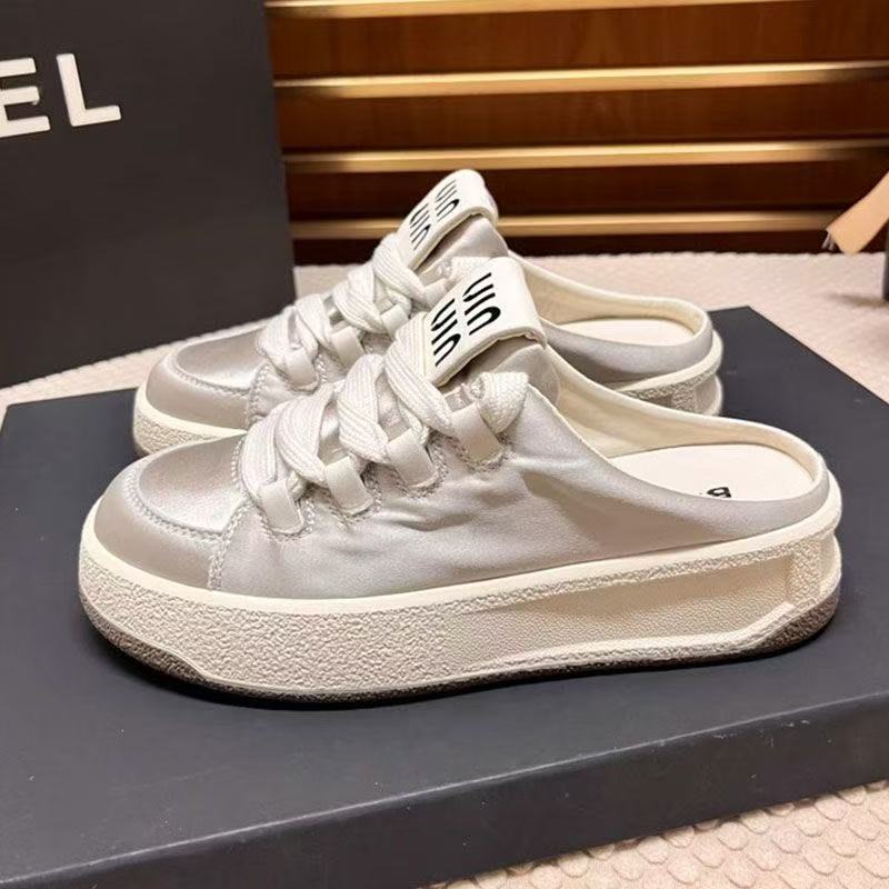 Премиальные полутапочки на толстой подошве, женская верхняя одежда, весна-лето 2025, новые универсальные спортивные туфли из атласа со шнуровкой