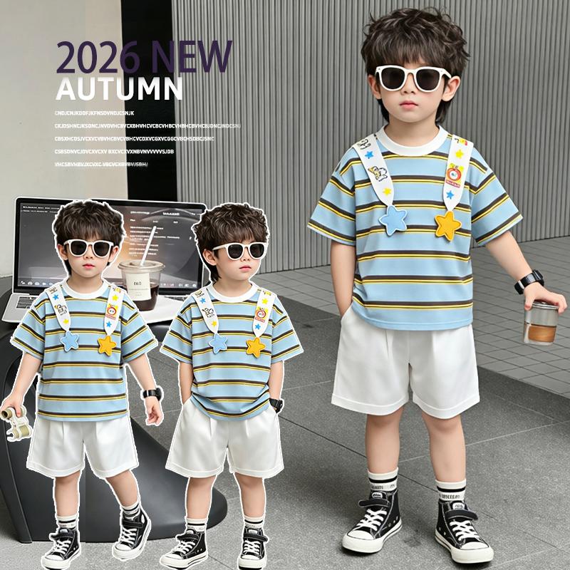 Boys' Summer Set, Western Style, Boys' and Girls' Striped Short sleeved T-shirt, 2026 New Style, Handsome and Casual Summer Dress for Children