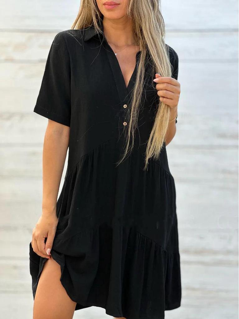 European and American Women's Casual Cotton Linen Short Sleeve Lapel Dress