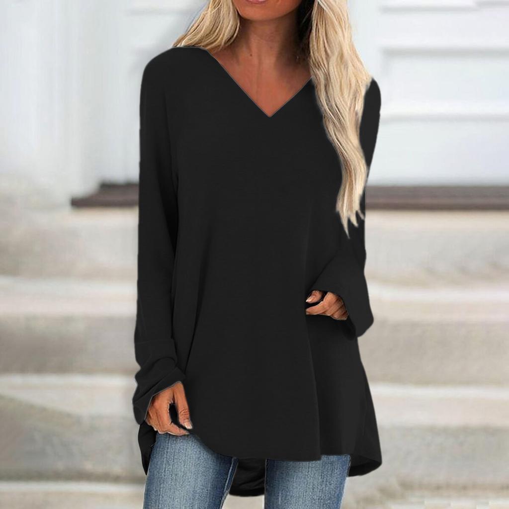 Women's Fashion Casual T-shirt Solid Color Long Sleeve V-neck Medium Long Top