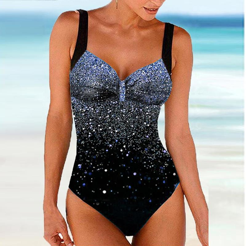 Women's Shoulder Strap Swimsuit Blue Shiny Print Bikini Tankini Swimsuit
