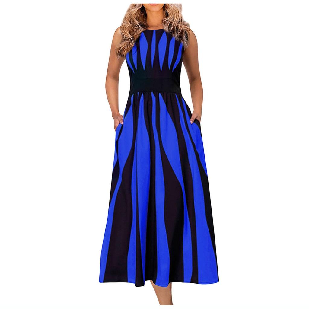 Женское летнее модное повседневное полосатое платье с принтом, с круглым вырезом и закрытой талией, утягивающая юбка без рукавов