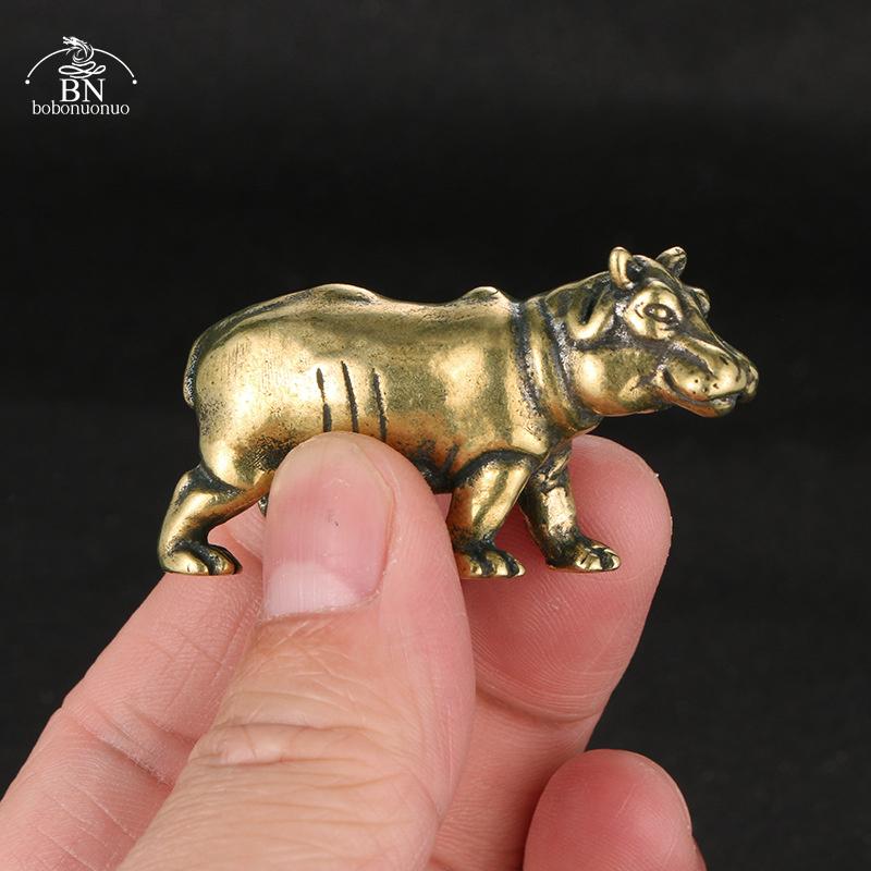 Retro Brass Hippo Small Statue Tea Pet Desktop Ornament Home Decoration Animal Figurines Miniature Crafts Accessories Collection