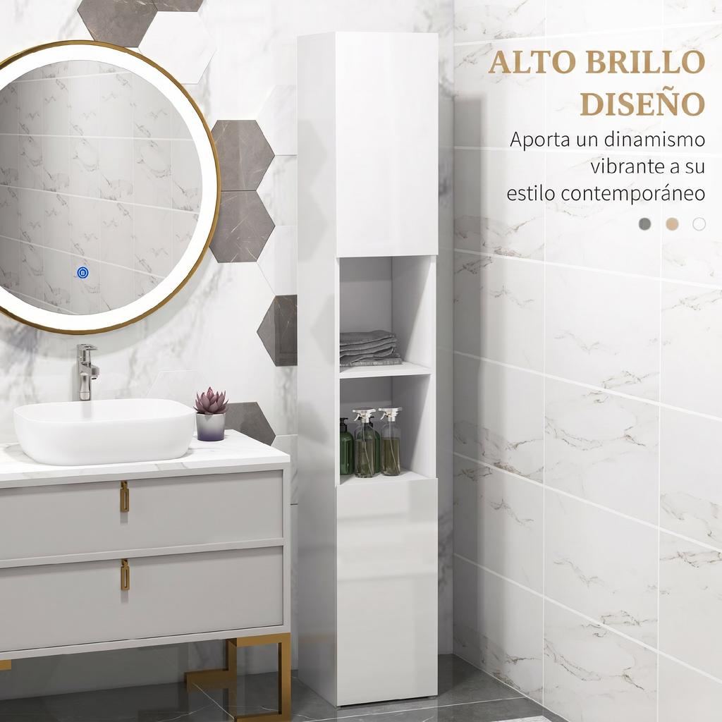 Tall Narrow Bathroom Cabinet, Doors, Adjustable Shelves, 30 x 30 x 81.5 cm, Glossy White
