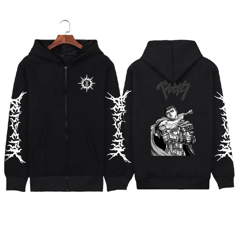 Skull Berserk Zip Up Hoodie Manga Graphic Print Zipper Sweatshirts Men Unisex Long Sleeves Fleece Hooded Streetwear Coats