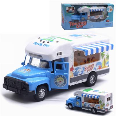 Имитация дома на колесах 1/28, классический игрушечный караван Happy Travel RV со звуком и светом, металлические игрушечные наборы с откатным транспортным средством
