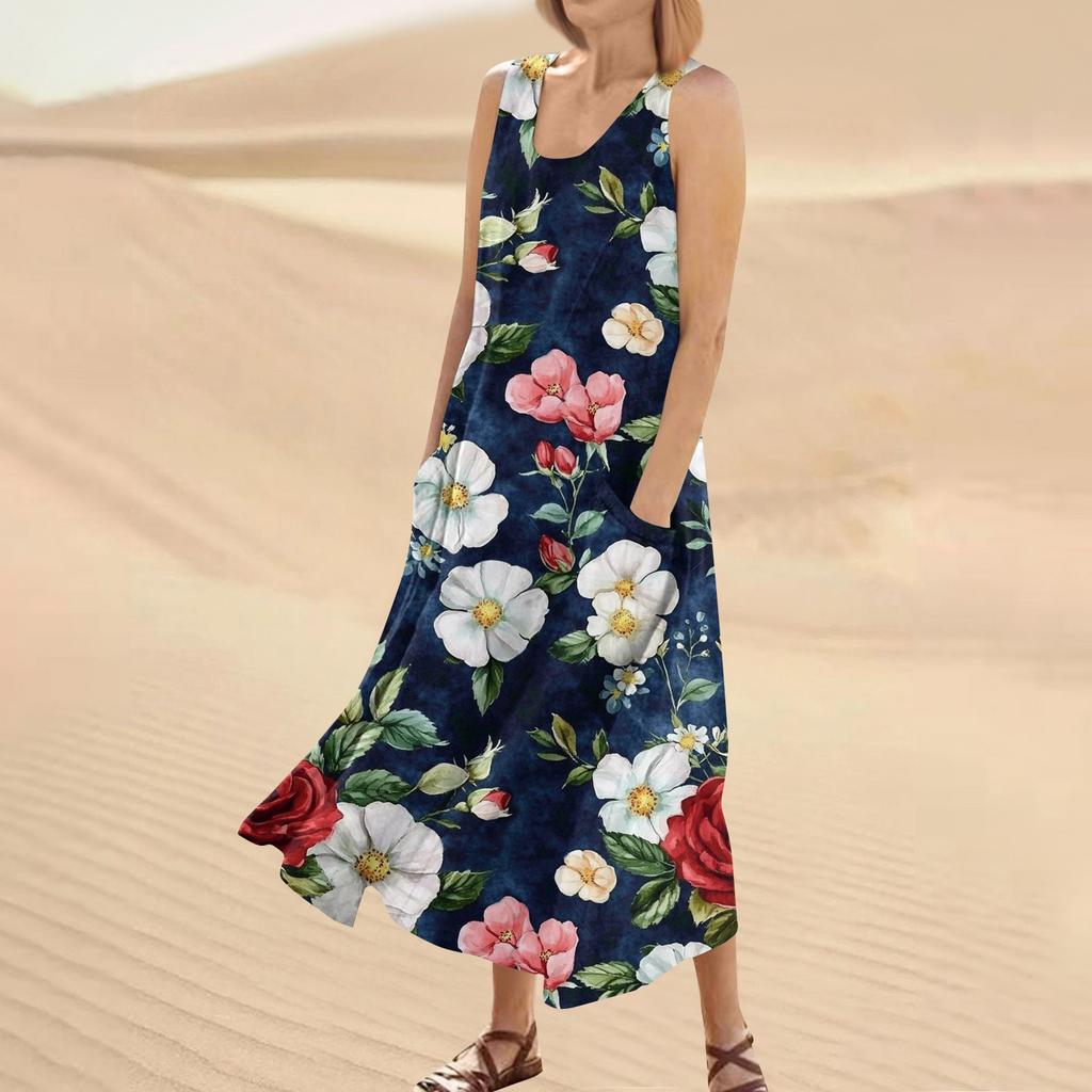 Женское летнее повседневное модное платье без рукавов с круглым вырезом и карманом с цветочным принтом