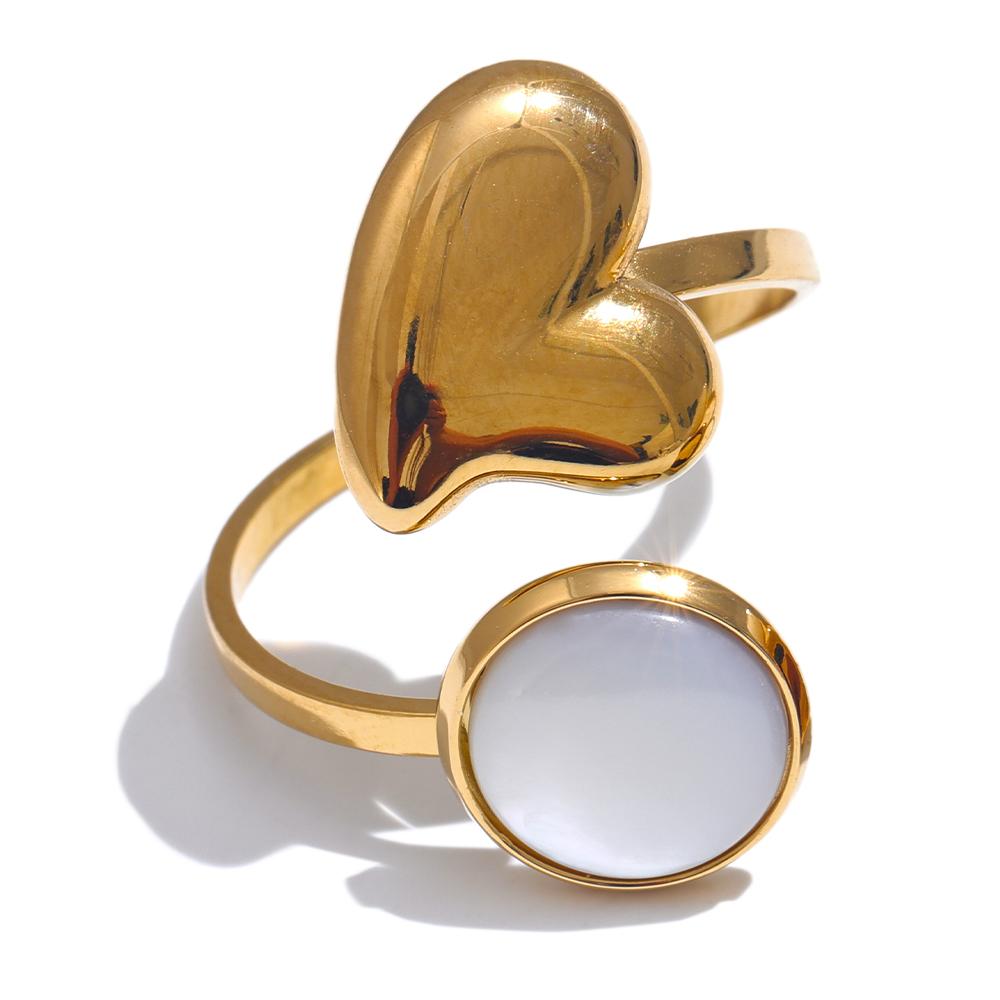 Yhpup Fashion Natural Shell Heart Love Square Adjustable Opening Ring Stainless Steel 18K Gold Color Stylish Chic Finger Jewelry