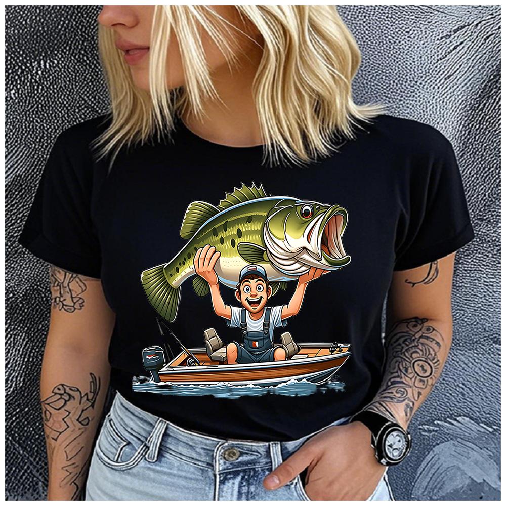 Women's Polyester 100% fish and fishing boat Print T-shirt Loose round Neck Casual Short Sleeve Fashion Top Clothing Summer