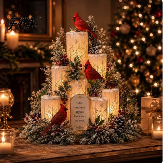 Christmas Cardinals Table Centerpiece Lighted Centerpiece, Memorial Red Bird Figurine, Light Up Ornament for Home Mantel, Sympathy Remembrance