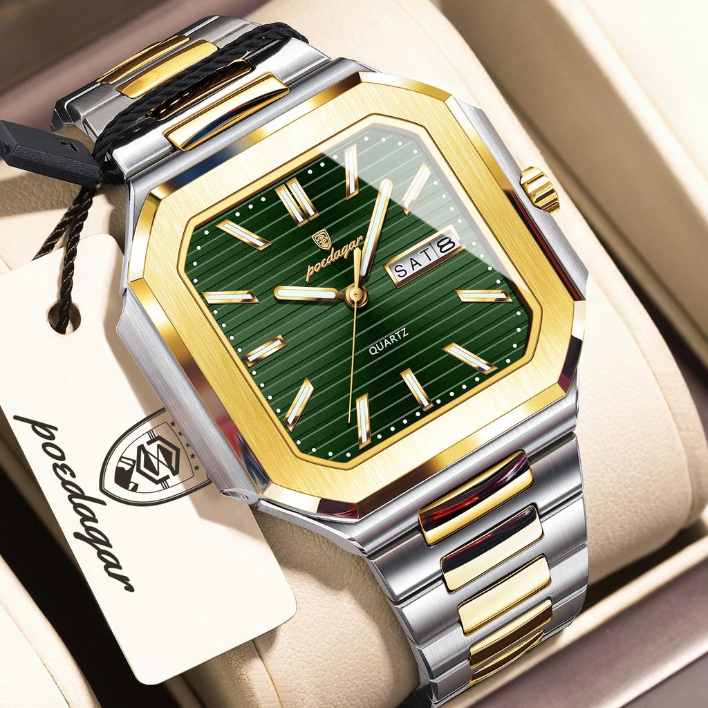 POEDAGAR Square Dial Male Watch Waterproof Luminous Date Week Watches For Men Exquisite Stainless Steel Men's Quartz Wristwatch