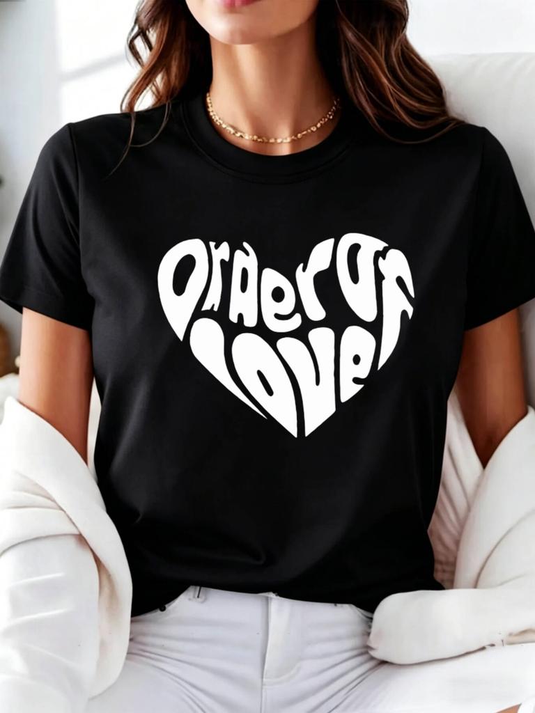 Casual Unisexs Tshirt Heart Letter Print Round Neck Short Sleeve Four Seasons Lightweight Comfortable For Daily Outdoor Leisure