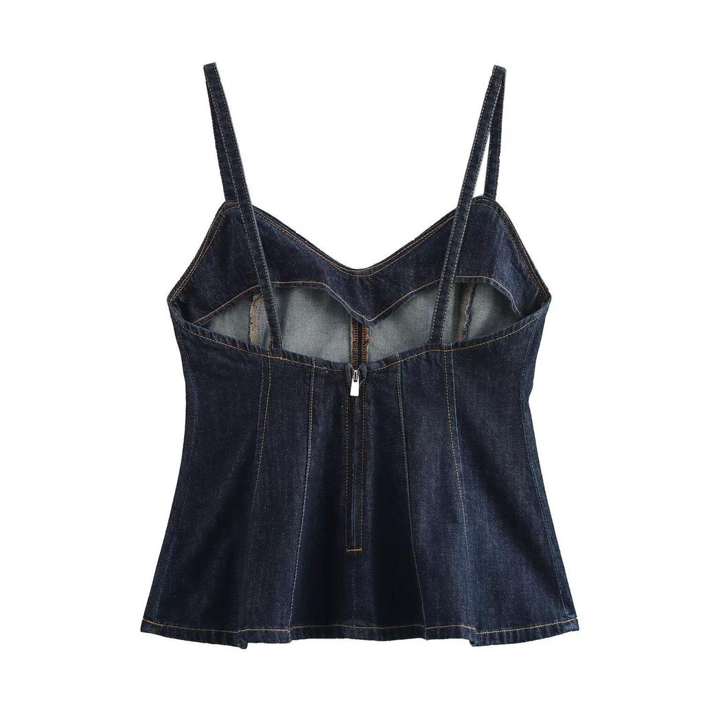 Spring 2025 Women's European & American Style Sexy V-Neck Spaghetti Strap Wave Hem Denim Jacket Top