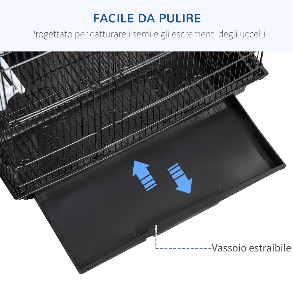 Metal and Plastic Bird Cage with Perches, Swing and Bowls, 46.5x35.5x92 cm, Black