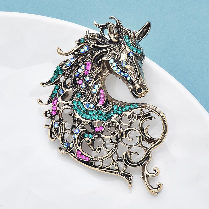 Wuli&baby Vintage Hollow out Handsome Unicorn Horse Brooch Multi Crystal Horsehair Metal Badge Pin Jewelry Accessory